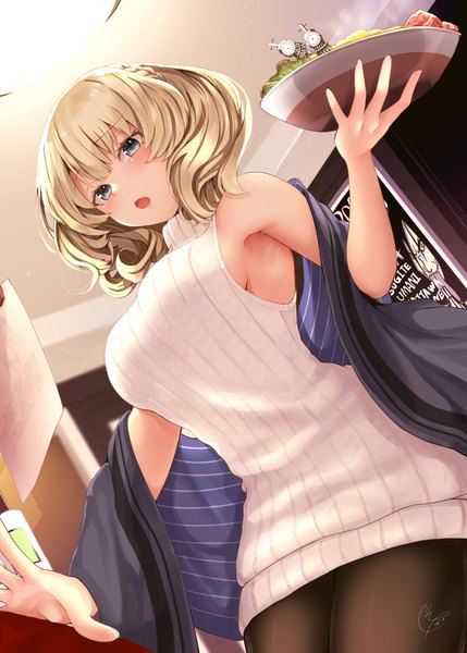 Anime picture 2591x3624 with kantai collection colorado battleship narushima kanna single tall image blush fringe highres short hair breasts open mouth blue eyes light erotic blonde hair hair between eyes large breasts holding signed from below dutch angle