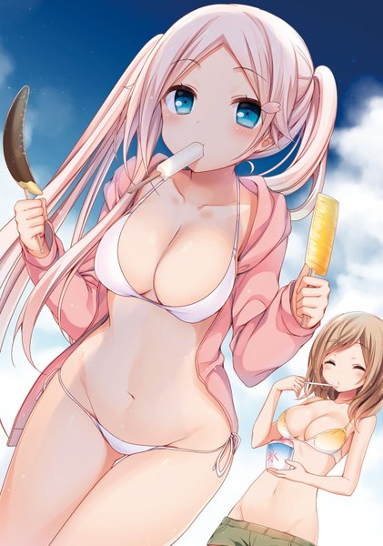 Anime picture 1124x1600 with tagme (copyright) komeshiro kasu long hair tall image short hair breasts light erotic brown hair large breasts standing twintails bare shoulders multiple girls holding payot pink hair sky cloud (clouds) outdoors open jacket