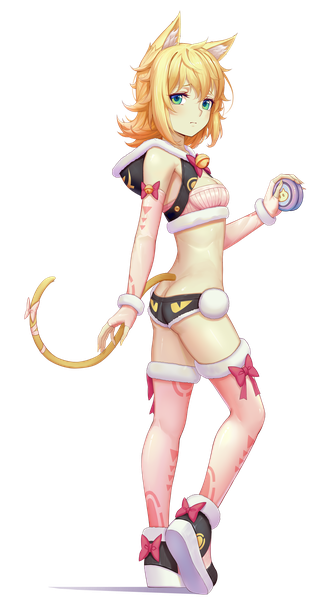 Anime picture 3800x6800 with original sonikey0 0 single tall image looking at viewer highres breasts light erotic blonde hair standing green eyes animal ears absurdres full body tail animal tail from behind cat ears bare belly cat girl