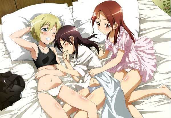 Anime picture 5946x4084 with strike witches nyantype erica hartmann gertrud barkhorn minna-dietlinde wilcke long hair blush highres short hair blue eyes light erotic black hair blonde hair multiple girls absurdres red hair lying official art orange eyes sleeping