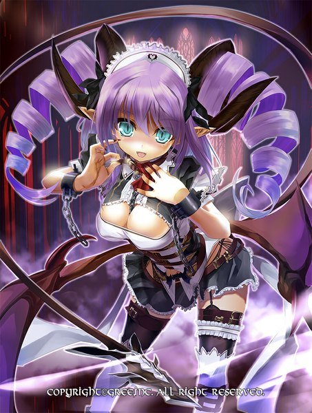 Anime picture 756x1000 with original kiryuu takahisa single long hair tall image looking at viewer blush breasts open mouth blue eyes light erotic cleavage purple hair pointy ears drill hair girl thighhighs dress black thighhighs wings