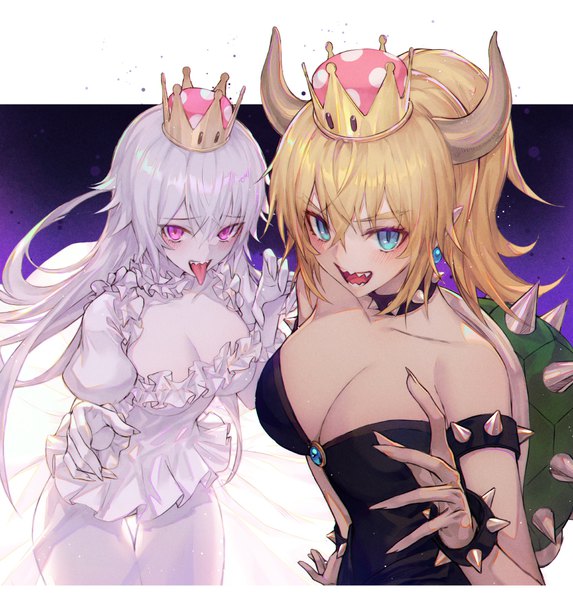 イラスト 955x1000 と super mario bros. new super mario bros. u deluxe クッパ姫 キングテレサ姫 wanke 長髪 長身像 カメラ目線 赤面 前髪 おっぱい 青い目 light erotic simple background 金髪 hair between eyes 大きな乳房 立つ 肩出し multiple girls