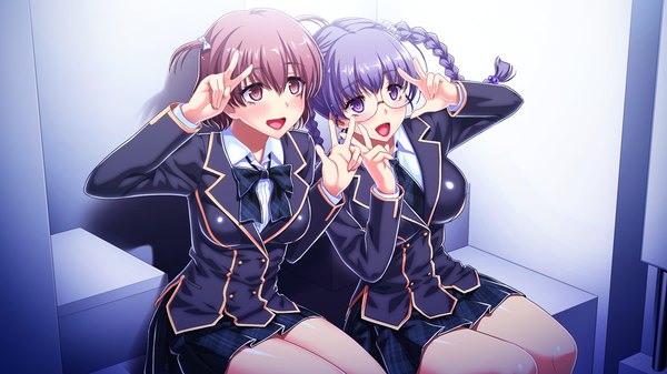 Anime picture 1280x720 with gakuen de jikan yo tomare tagme (character) tagme (artist) long hair looking at viewer blush short hair open mouth smile brown hair wide image sitting purple eyes twintails multiple girls brown eyes game cg purple hair girl skirt
