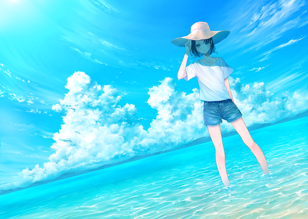 Anime picture 4175x2976 with original remon sato single looking at viewer highres short hair black hair standing absurdres sky cloud (clouds) full body outdoors arm up black eyes wet partially submerged shaded face horizon girl