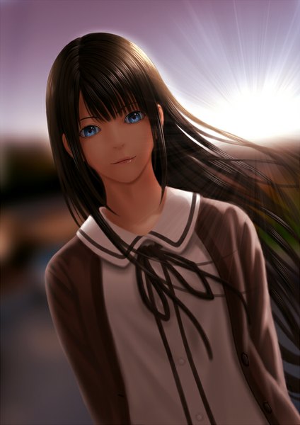 Anime picture 566x800 with original itoguchi (manma melon) single long hair tall image looking at viewer blue eyes black hair girl shirt