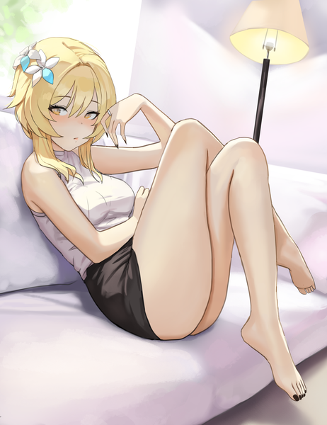 Anime picture 3000x3898 with genshin impact lumine (genshin impact) dolri single long hair tall image looking at viewer blush fringe highres breasts light erotic blonde hair hair between eyes sitting bare shoulders yellow eyes payot full body bent knee (knees)