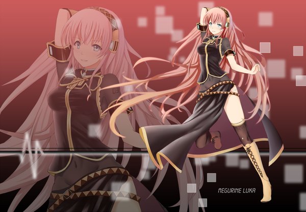 Anime picture 3500x2434 with vocaloid megurine luka yeluno meng single long hair blush highres blue eyes pink hair absurdres zoom layer girl thighhighs dress black thighhighs boots headphones