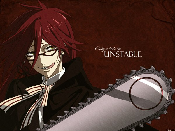 Anime picture 1024x768 with kuroshitsuji a-1 pictures grell sutcliff long hair looking at viewer highres yellow eyes red hair inscription teeth sharp teeth boy earrings glasses tongue bowtie suit chainsaw