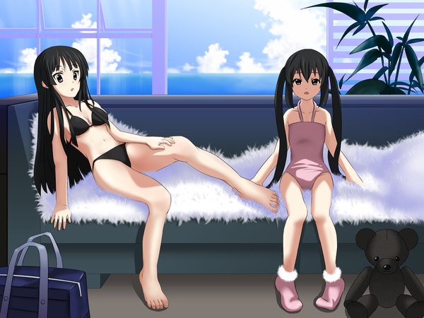 Anime picture 1600x1200 with k-on! kyoto animation akiyama mio nakano azusa long hair light erotic black hair twintails swimsuit