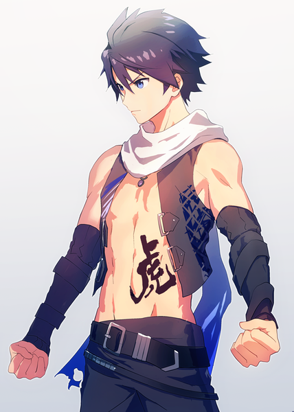 Anime picture 640x896 with idolmaster idolmaster side-m taiga takeru map (map imas) single tall image fringe short hair blue eyes black hair simple background hair between eyes looking away tattoo gradient background muscle abs boy belt scarf