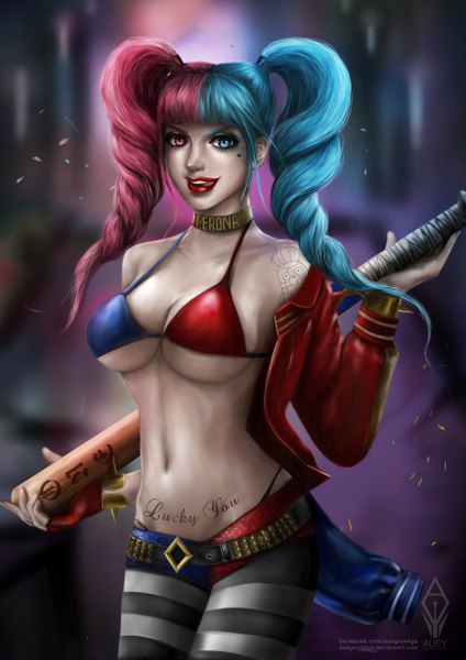 Anime picture 3508x4961 with one piece batman toei animation dc comics harley queen perona auey supaluk single long hair tall image looking at viewer blush fringe highres breasts blue eyes light erotic smile red eyes large breasts