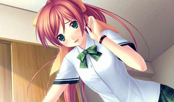 Anime picture 1024x600 with kimi ga ita kisetsu isumi marika long hair wide image green eyes game cg ponytail red hair girl serafuku