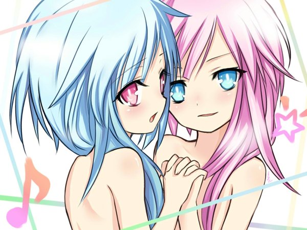 Anime picture 1680x1260 with choujigen game neptune hyperdimension neptunia mk2 white sister kairistwins long hair blush open mouth blue eyes white background blue hair pink hair pink eyes looking back nude back holding hands shoujo ai