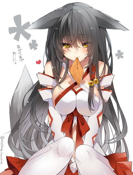 Anime picture 700x923 with original mishima kurone single long hair tall image breasts light erotic black hair simple background smile large breasts white background holding signed animal ears yellow eyes cleavage tail animal tail mouth hold