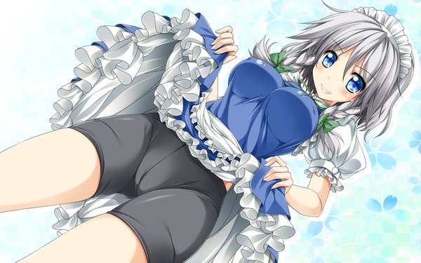 Anime picture 1920x1200 with touhou izayoi sakuya kamiya tomoe single looking at viewer highres short hair breasts blue eyes light erotic large breasts braid (braids) grey hair from below maid wallpaper twin braids grin dress lift girl