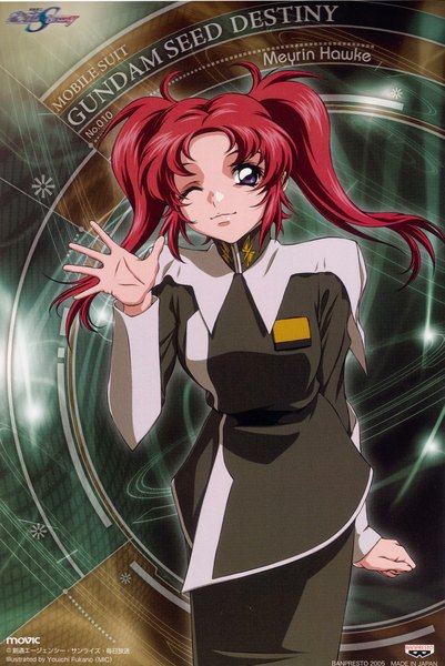 Anime picture 1339x2000 with mobile suit gundam gundam seed destiny sunrise (studio) meyrin hawke single long hair tall image smile twintails red hair one eye closed wink scan inscription grey eyes girl uniform military uniform
