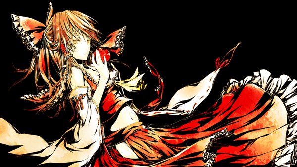 Anime-Bild 3200x1800 mit touhou bad apple!! hakurei reimu dlei single long hair looking at viewer highres simple background brown hair wide image holding yellow eyes traditional clothes japanese clothes wide sleeves wallpaper black background monochrome miko