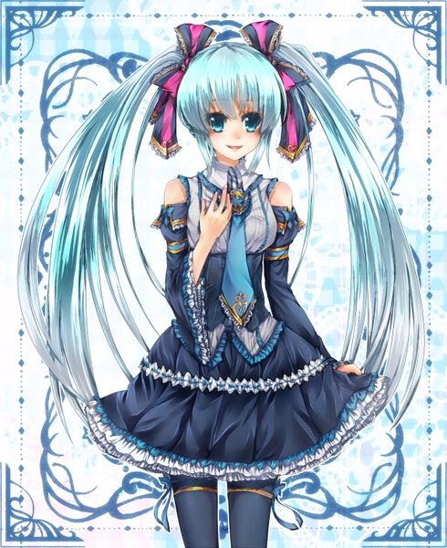 Anime picture 1150x1407 with vocaloid hatsune miku nakayama shumo single long hair tall image twintails bare shoulders aqua eyes aqua hair girl thighhighs dress bow black thighhighs hair bow detached sleeves necktie frills
