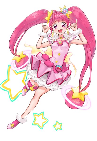 Anime picture 1283x1864 with precure star twinkle precure toei animation hoshina hikaru cure star ito user 2810a single long hair tall image looking at viewer blush fringe open mouth simple background smile white background twintails pink hair full body ahoge