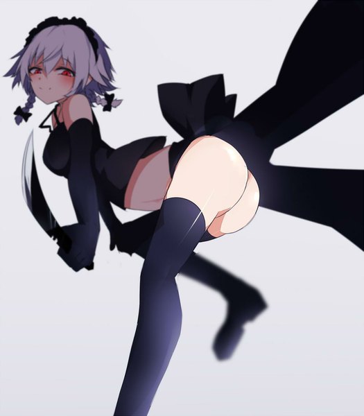 Anime picture 1000x1143 with touhou izayoi sakuya chiruru96 single tall image looking at viewer blush short hair light erotic simple background red eyes ass braid (braids) grey hair grey background from below alternate costume twin braids girl thighhighs