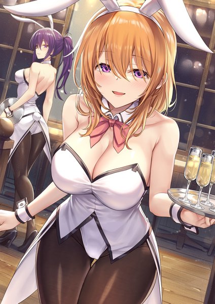 Anime picture 992x1403 with gochuumon wa usagi desu ka? white fox hoto cocoa tedeza rize ks long hair tall image looking at viewer blush fringe short hair breasts open mouth light erotic smile hair between eyes large breasts standing purple eyes bare shoulders