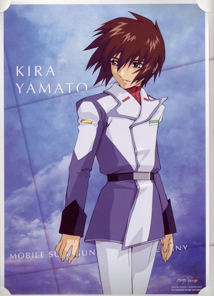 Anime picture 2536x3492 with mobile suit gundam gundam seed destiny sunrise (studio) kira yamato single tall image highres short hair simple background brown hair absurdres grey eyes copyright name character names framed boy uniform