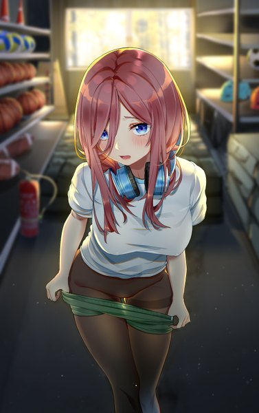 Anime picture 2130x3390 with go-toubun no hanayome nakano miku kongbai single long hair tall image looking at viewer blush fringe highres breasts open mouth blue eyes light erotic brown hair standing payot indoors blurry hair over one eye