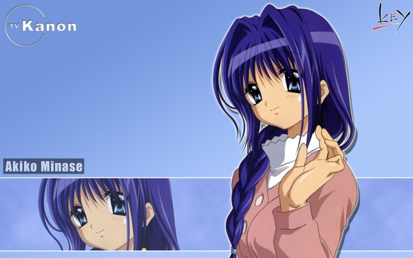 Anime picture 1920x1200 with kanon key (studio) minase akiko long hair highres blue eyes wide image purple hair braid (braids) inscription single braid girl
