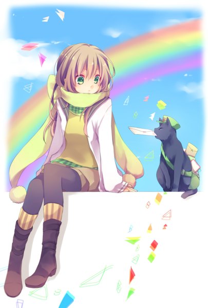 Anime picture 1181x1748 with original kuroi (liar-player) single long hair tall image brown hair sitting green eyes sky cloud (clouds) full body open clothes open jacket girl hat animal jacket scarf cat confetti