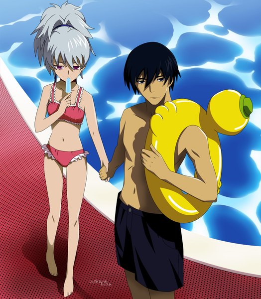 Anime picture 1700x1947 with darker than black studio bones yin (darker than black) hei (darker than black) yuji iwahara long hair tall image looking at viewer short hair light erotic black hair purple eyes bare shoulders ponytail barefoot scan bare belly holding hands girl boy