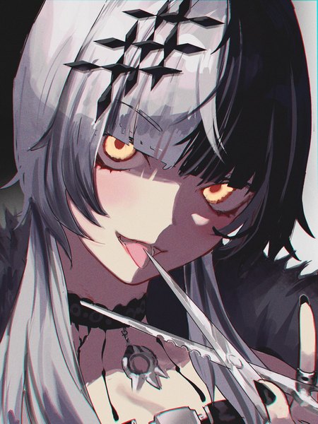 Anime picture 1200x1600 with virtual youtuber hololive hololive english shiori novella reon single long hair tall image looking at viewer blush fringe open mouth black hair simple background yellow eyes blunt bangs nail polish multicolored hair grey hair two-tone hair