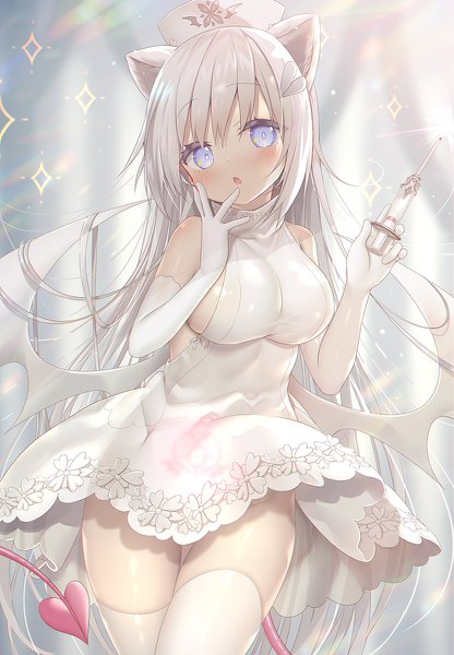 Anime picture 832x1200 with original yano mitsuki single tall image looking at viewer blush fringe breasts open mouth blue eyes light erotic hair between eyes large breasts standing bare shoulders holding animal ears payot silver hair tail