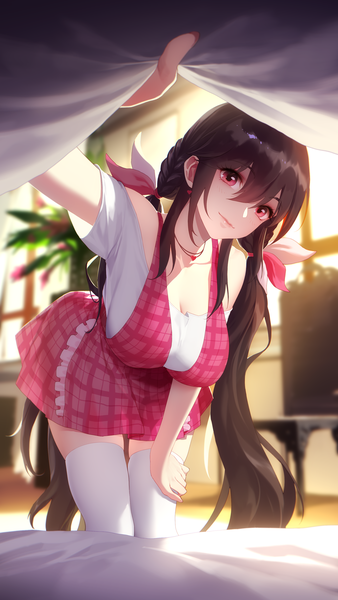 Anime picture 2000x3550 with romantic saga of beauty & devil daye bie qia lian single tall image looking at viewer blush fringe highres breasts black hair hair between eyes red eyes large breasts standing twintails payot cleavage indoors braid (braids) very long hair
