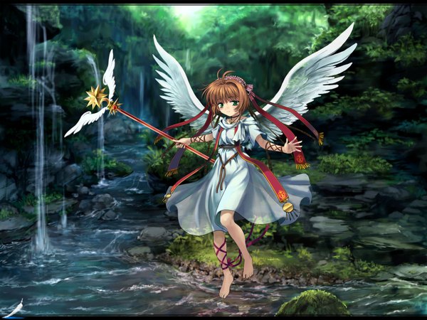 Anime picture 1600x1200 with card captor sakura clamp kinomoto sakura mutsuki (moonknives) two side up girl wings water