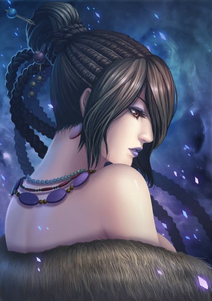 Anime picture 909x1288 with final fantasy final fantasy x square enix lulu diamond dust single long hair tall image black hair bare shoulders brown eyes braid (braids) profile lipstick dark background girl hair ornament beads