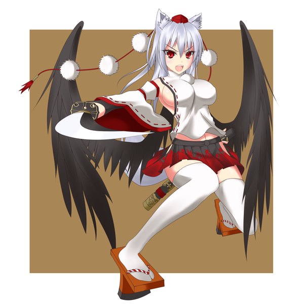 Anime picture 2000x2000 with touhou inubashiri momiji gmot single long hair highres open mouth light erotic red eyes animal ears silver hair girl thighhighs weapon detached sleeves miniskirt white thighhighs sword wings