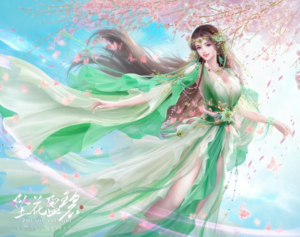 Anime picture 3800x3000 with zhu xian bi yao bi yao zhuye single long hair looking at viewer highres breasts blue eyes smile brown hair absurdres sky cloud (clouds) outdoors parted lips head tilt fingernails wind realistic