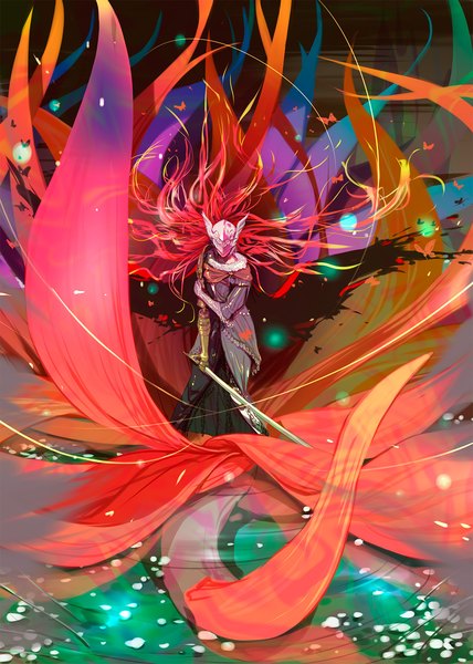 Anime picture 1280x1796 with elden ring malenia blade of miquella mikazuki akira single long hair tall image standing holding red hair from above floating hair holding arm girl weapon petals insect butterfly helmet prosthesis blade