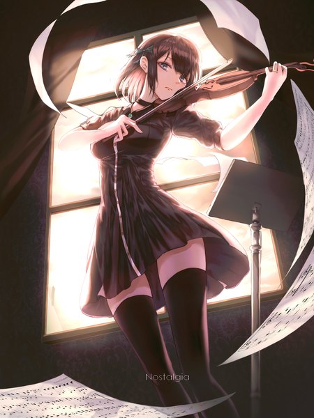 Anime picture 3000x4000 with original neon (hhs9444) single tall image looking at viewer fringe highres short hair brown hair standing holding payot indoors head tilt from below grey eyes zettai ryouiki playing instrument girl thighhighs