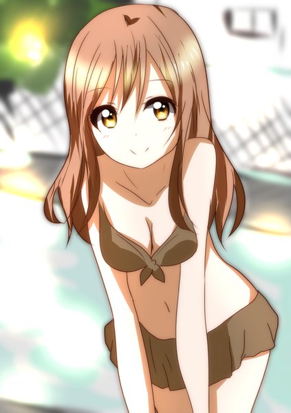 Anime picture 900x1275 with love live! sunshine!! sunrise (studio) love live! kunikida hanamaru natsume suzuri single long hair tall image looking at viewer blush fringe breasts light erotic smile hair between eyes brown hair brown eyes cleavage leaning depth of field