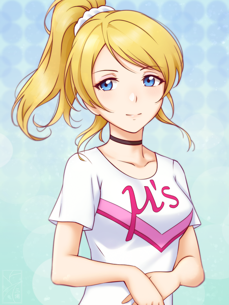 Anime picture 1200x1600 with love live! school idol project sunrise (studio) love live! ayase eli miura-n315 single long hair tall image looking at viewer breasts blue eyes blonde hair smile upper body ponytail blue background girl choker t-shirt