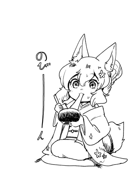 Anime picture 1500x1925 with original tailman single tall image fringe short hair simple background hair between eyes white background sitting tail traditional clothes japanese clothes animal tail monochrome eating seiza girl food sweets