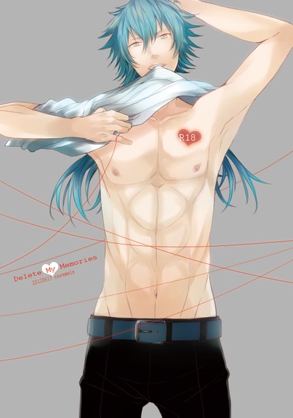 Anime picture 1062x1515 with dramatical murder nitro+chiral aoba (dmmd) single long hair tall image light erotic yellow eyes blue hair nipples open clothes open shirt mouth hold arms behind head shirt lift boy navel belt heart hands