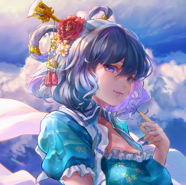 Anime picture 1008x1000 with touhou kaku seiga tocope single looking at viewer blush fringe short hair breasts blue eyes smile hair between eyes blue hair sky cleavage cloud (clouds) upper body outdoors nail polish parted lips