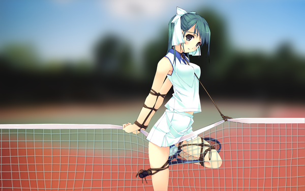 Anime picture 1536x960 with murakami suigun single looking at viewer light erotic smile wide image bondage tennis girl ribbon (ribbons) hair ribbon