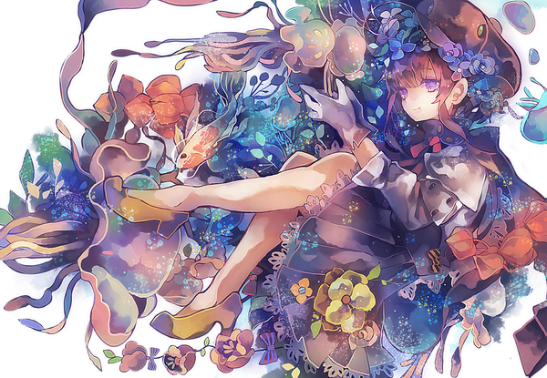 Anime picture 1500x1039 with original cha goma single fringe short hair brown hair white background purple eyes looking away light smile girl gloves flower (flowers) hat animal shoes white gloves fish (fishes) jellyfish physalis