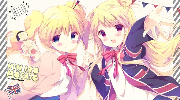 Anime picture 1000x559 with kin-iro mosaic kujou karen alice carteret shiratama (shiratamaco) long hair blush open mouth blue eyes blonde hair smile red eyes wide image twintails multiple girls hair bun (hair buns) copyright name character names outstretched arm holding hands short twintails