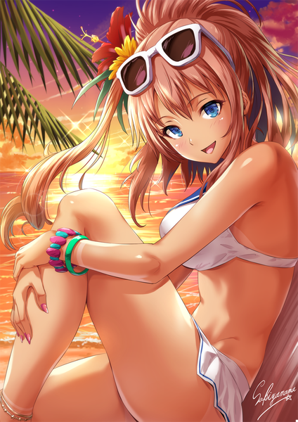 Anime picture 800x1131 with kantai collection saratoga (kantai collection) sakiyamama single long hair tall image looking at viewer blush fringe open mouth blue eyes light erotic hair between eyes brown hair sitting signed sky cloud (clouds) outdoors nail polish