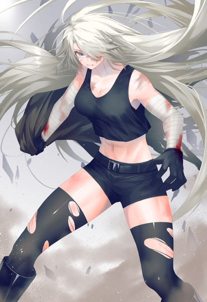 Anime picture 900x1310 with original lydia macarthur waka (shark waka) single tall image looking at viewer fringe breasts light erotic simple background standing bare shoulders cleavage silver hair very long hair parted lips hair over one eye bare belly grey eyes floating hair