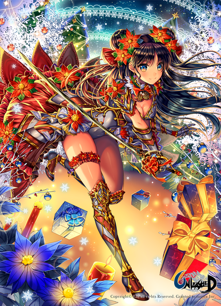 Anime picture 700x970 with unleashed ells (ellsat) single long hair tall image looking at viewer blush blue eyes black hair smile hair flower christmas girl dress flower (flowers) weapon sword gift